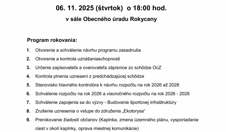1. fotografia fotogalérie Aktuality / Pozvánka na XVIII. zasadnutie Obecného zastupiteľstva dňa 06.11.2025 - foto
