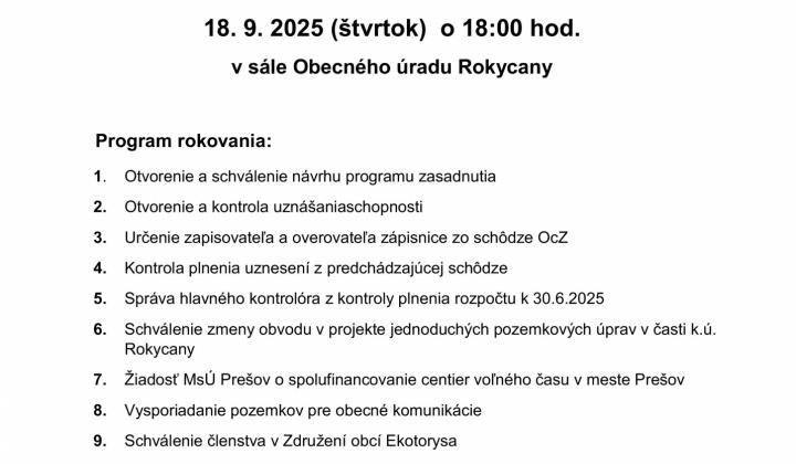1. fotografia fotogalérie Aktuality / Pozvánka na XVII. zasadnutie Obecného zastupiteľstva dňa 18.9.2025 - foto