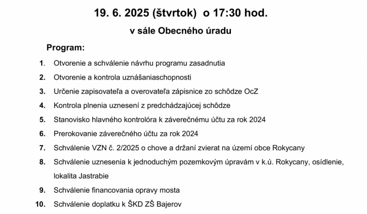 1. fotografia fotogalérie Aktuality / Pozvánka na XVI. zasadnutie Obecného zastupiteľstva dňa 19.6.2025 - foto